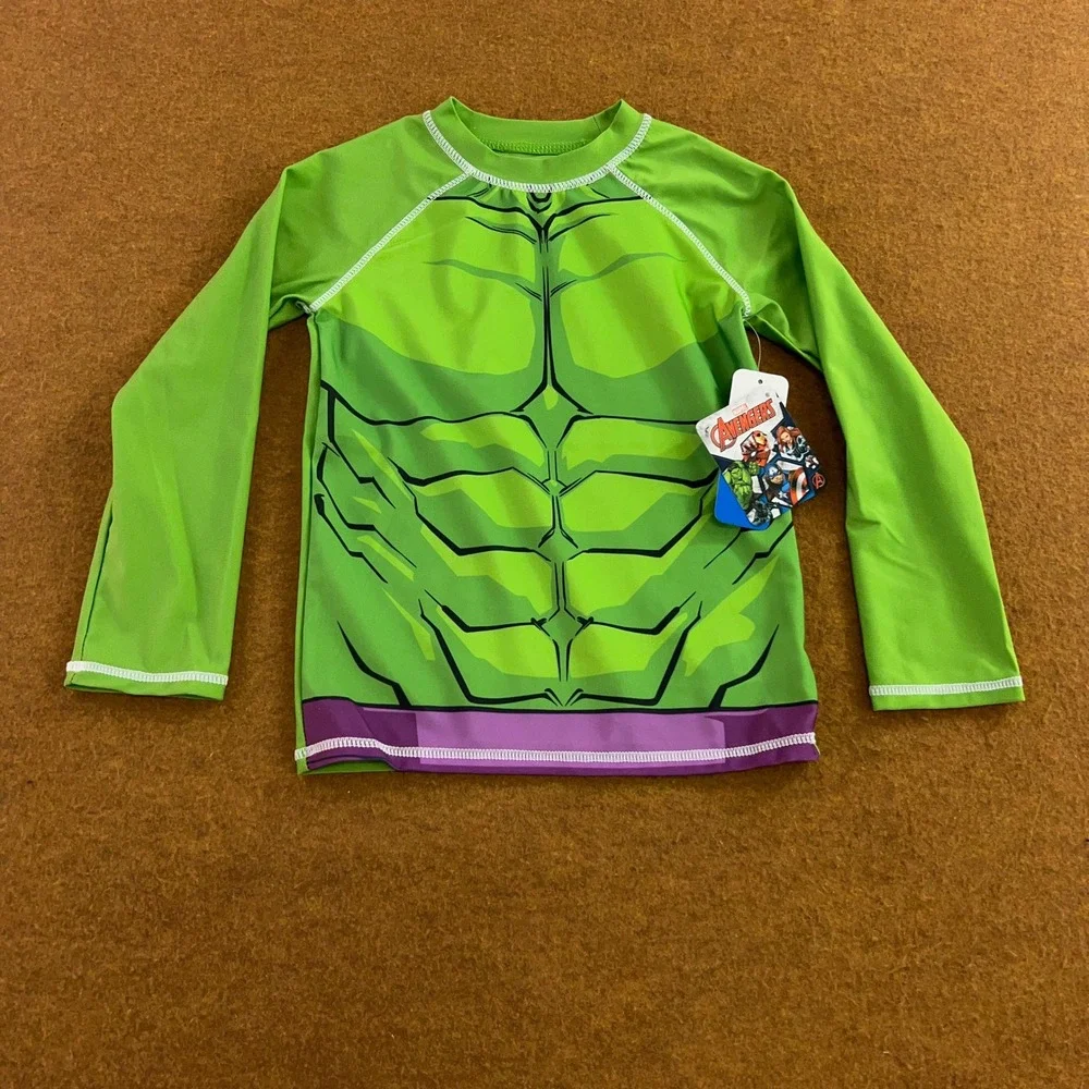 Marvel Boys 5T Green Hulk Avengers UPF 50+ Long Sleeve Rash Guard Swim Shirt NWT